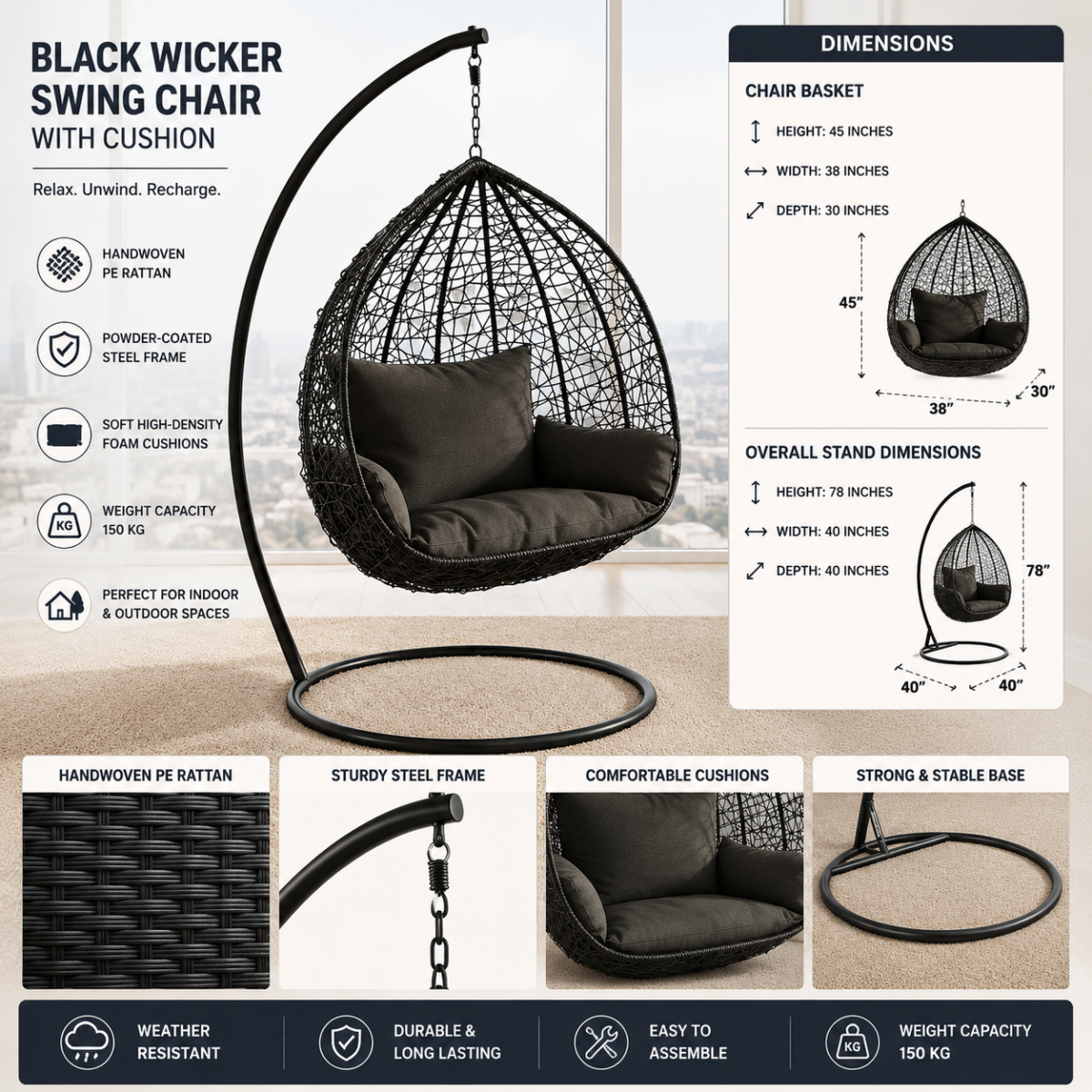 Black Wicker Swing Chair with Cushion - Image 2