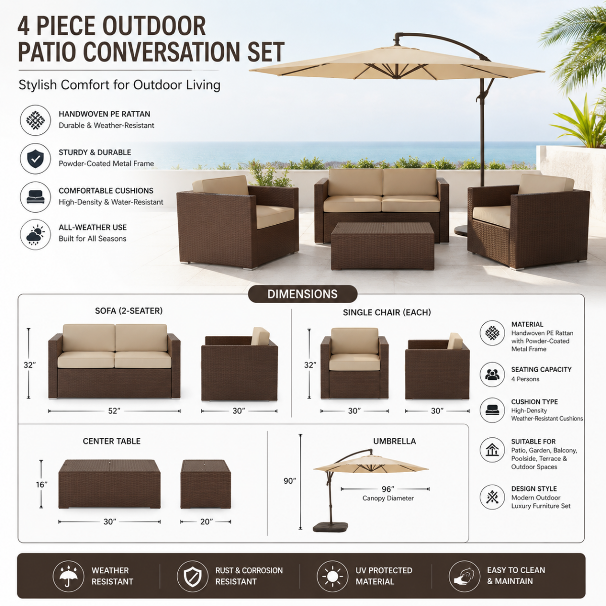 Bahia Garden Rattan Sofa Set with Parasol @HOG - Home, Office, Garden, Online Marketplace