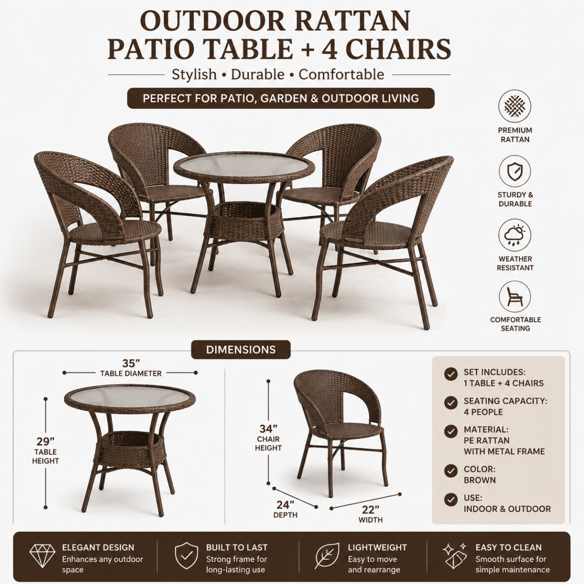 Outdoor Rattan Patio Table + 4 Chairs * @HOG - Home, Office, Garden, Online Marketplace