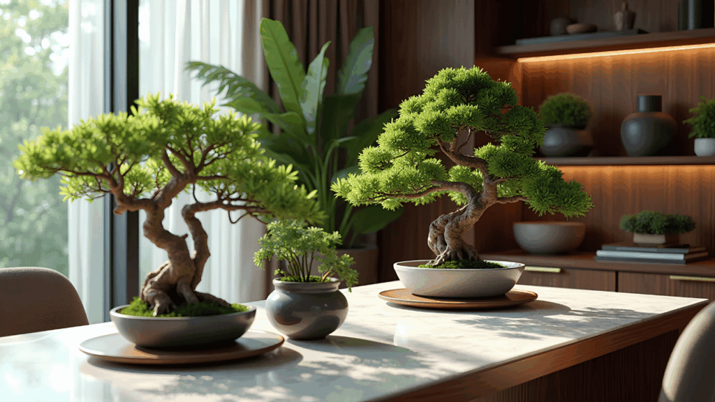 A collection of elegant indoor bonsai trees displayed as decorative houseplants, showcasing essential and stunning gardening ideas.