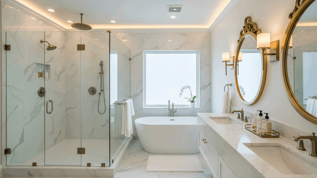 Modern bathroom interior showcasing small design improvements such as lighting, storage, and fixtures that enhance comfort and functionality.