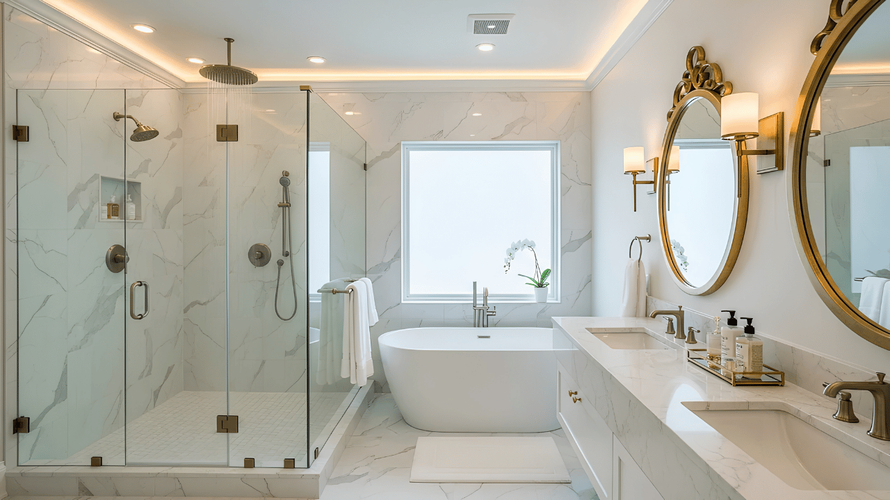 Modern bathroom interior showcasing small design improvements such as lighting, storage, and fixtures that enhance comfort and functionality.