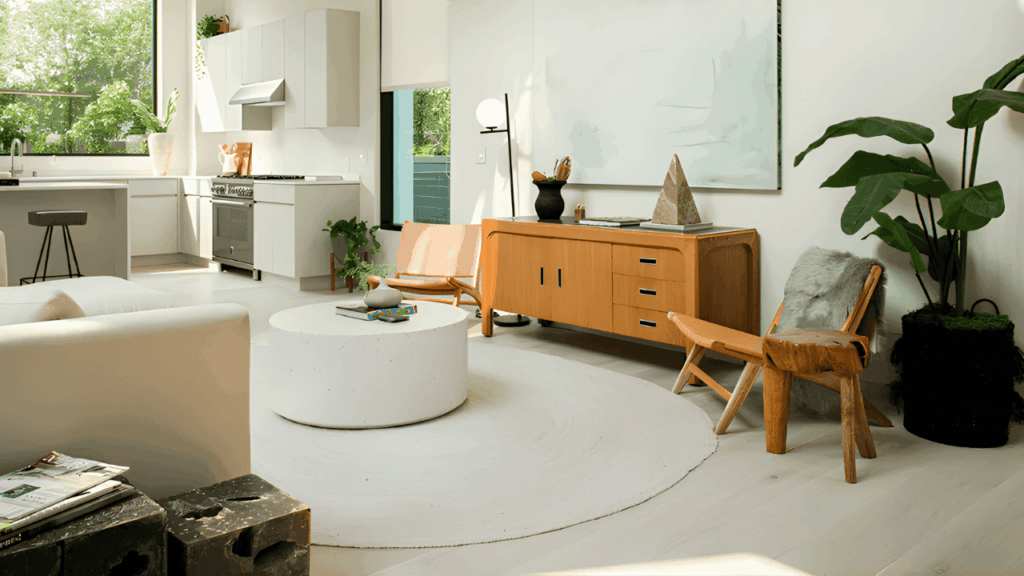Stylish living room makeover showing affordable décor ideas such as cushions, wall art, lighting, and furniture arrangement to refresh a space on a budget.