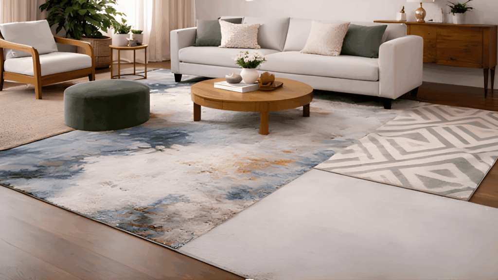 Modern living room featuring stylish patterned carpets and contemporary interior décor, showcasing the latest carpet design trends used by interior designers.