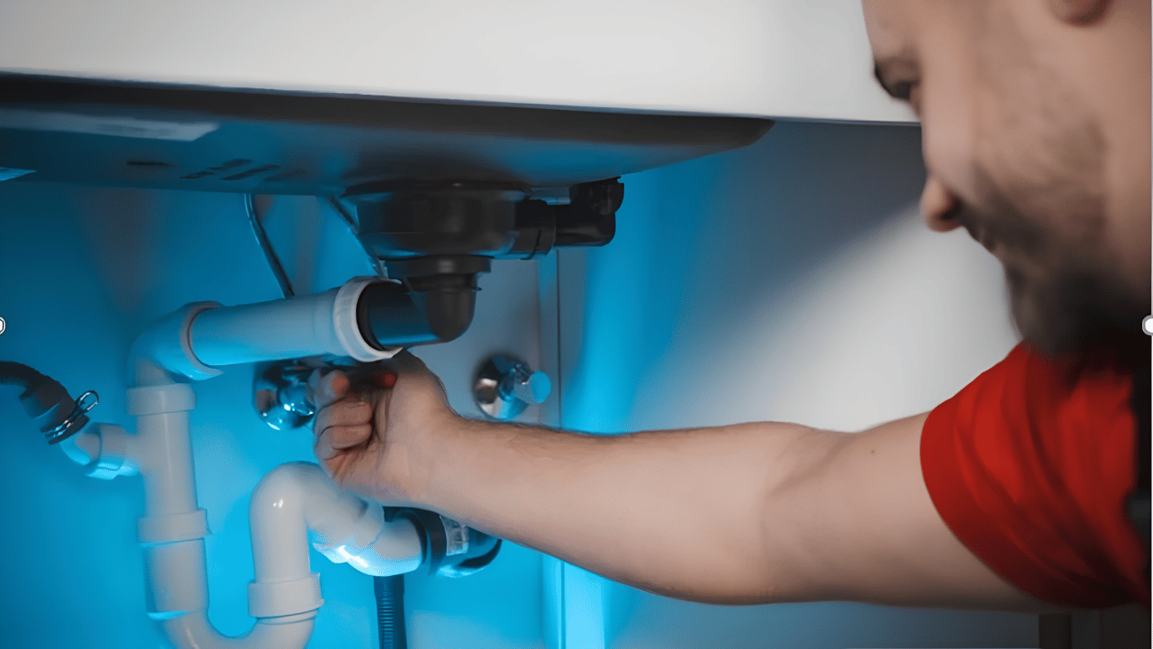 Professional plumber inspecting and repairing home water pipes and fixtures, representing reliable plumbing services and proper home maintenance.