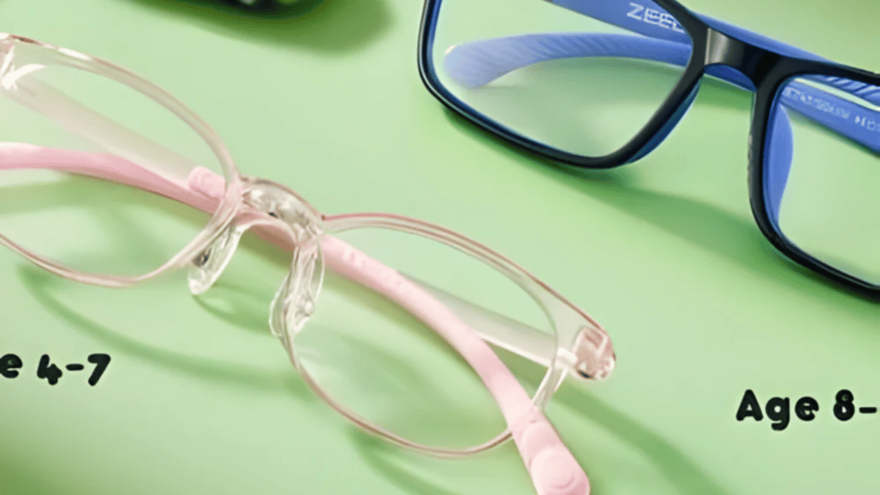 A child wearing durable eyeglasses while playing actively outdoors, highlighting the importance of strong, flexible frames for safety during sports and play.