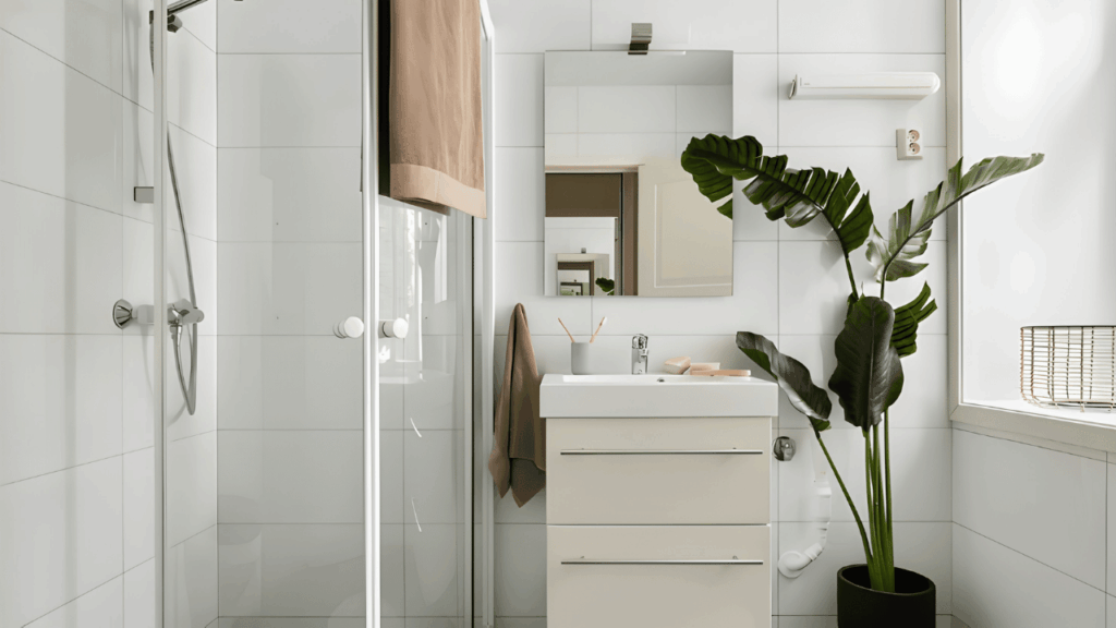 Modern bathroom installation showcasing elegant fittings, stylish tiles, sleek vanity units, and a professionally renovated bathroom space in Exeter.
