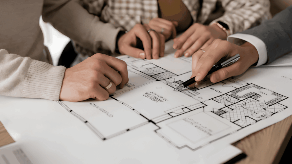 Architectural blueprint and home renovation planning scene highlighting key remodel points, design checks, and construction details for a home improvement project.