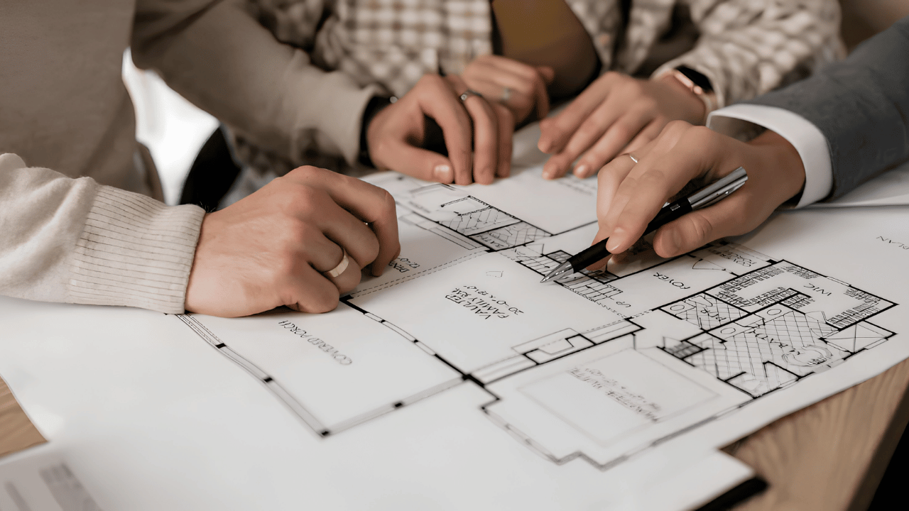 Architectural blueprint and home renovation planning scene highlighting key remodel points, design checks, and construction details for a home improvement project.