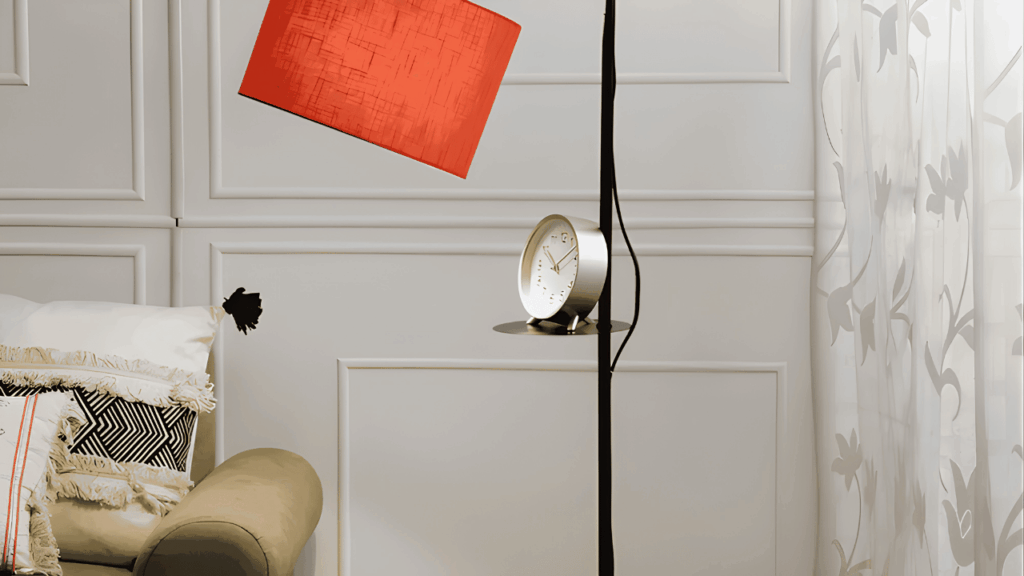 Modern living room with a stylish bright floor lamp illuminating the space to demonstrate lighting choices for home interiors.