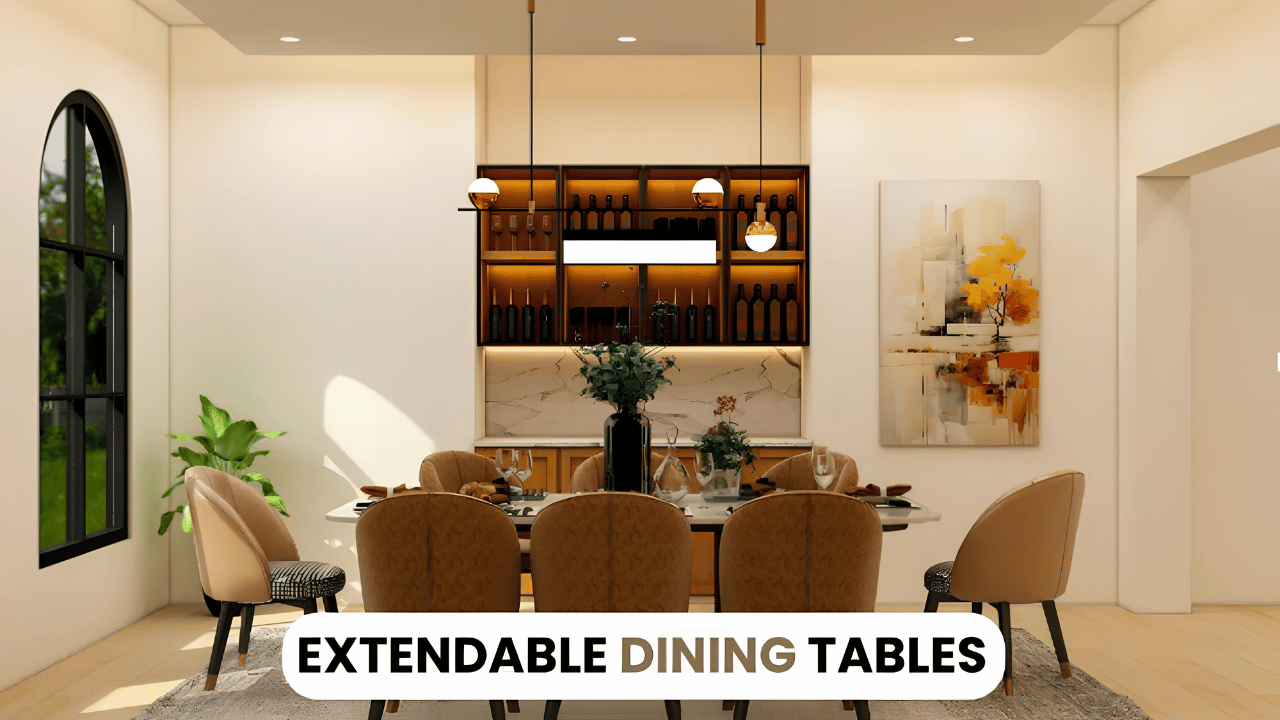 Modern extensible dining table in a stylish home interior, showing an adjustable table design that expands to accommodate more guests, ideal for flexible and space-saving modern living.