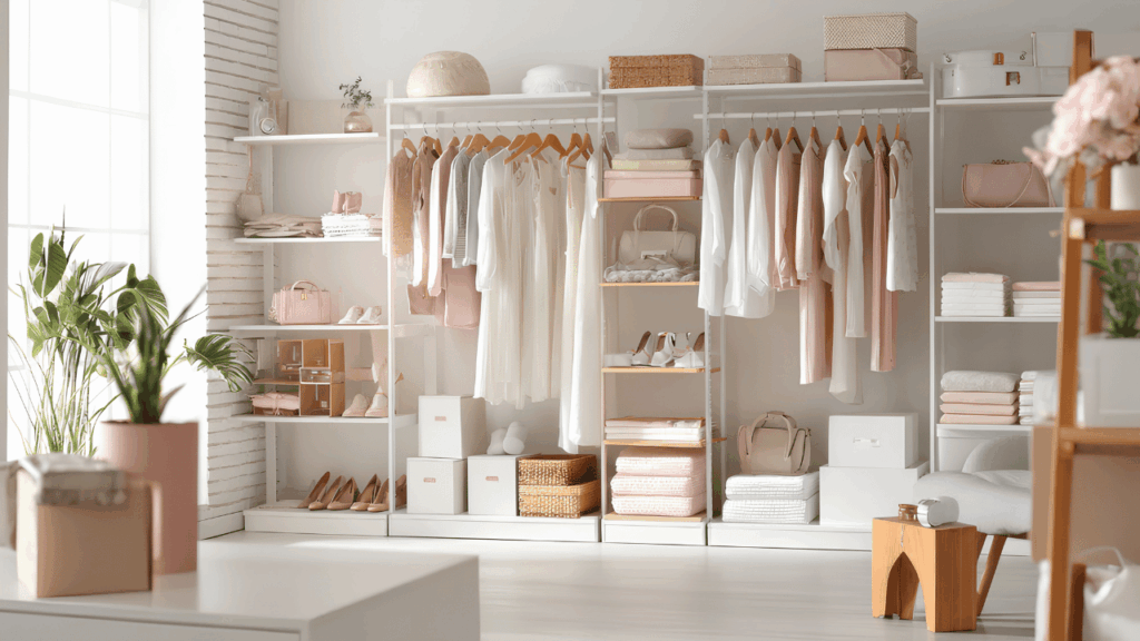 Organized and calming home storage space with neatly arranged shelves and minimalist décor designed to promote mental wellness and reduce stress.