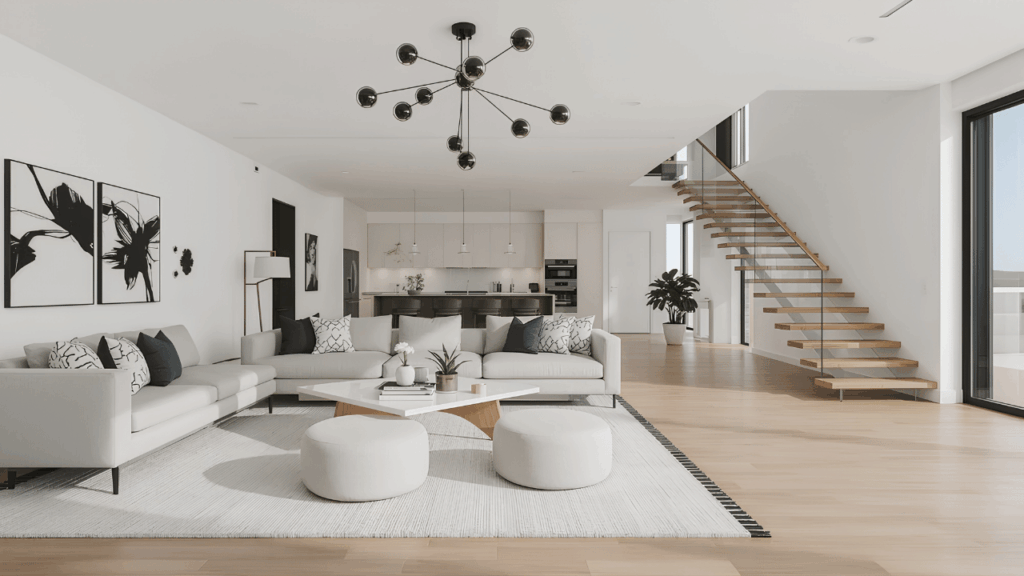 A stylish modern living room designed on a budget, featuring simple furniture arrangement, warm lighting, and decorative accents that create a stunning interior look.