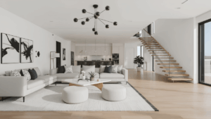 A stylish modern living room designed on a budget, featuring simple furniture arrangement, warm lighting, and decorative accents that create a stunning interior look.