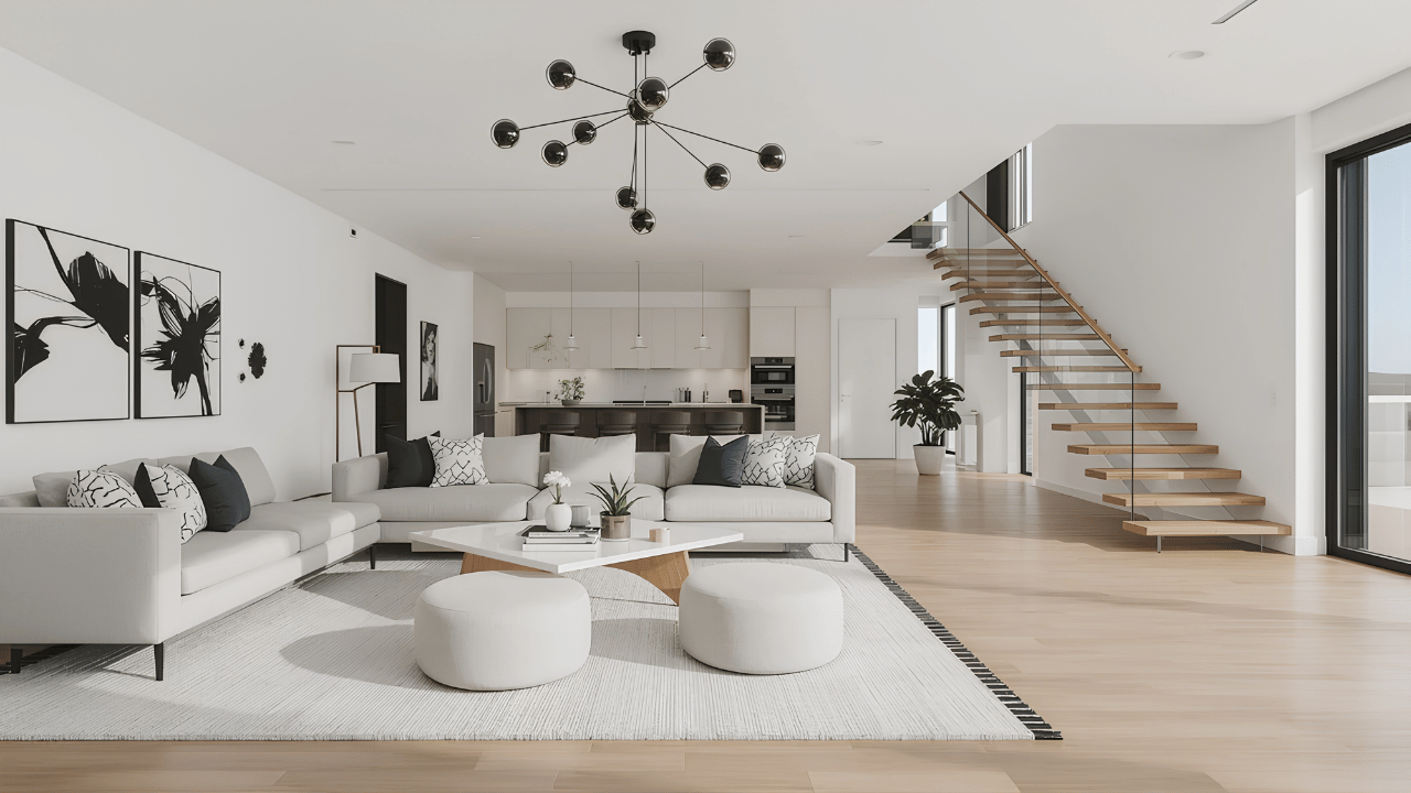 A stylish modern living room designed on a budget, featuring simple furniture arrangement, warm lighting, and decorative accents that create a stunning interior look.