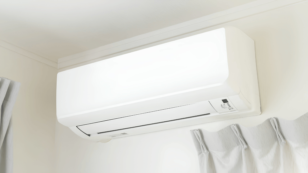 Person using a smartphone to control an air conditioner through the Orient AC Remote mobile app for smart home temperature management.