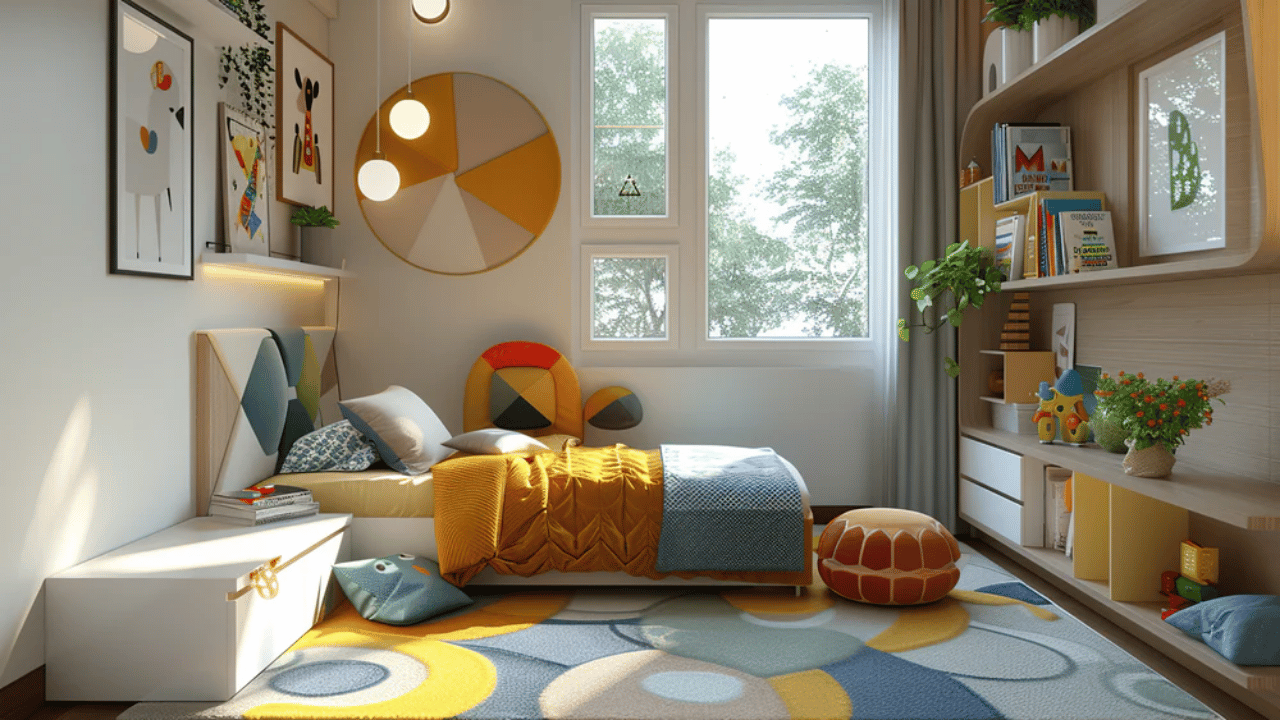 Bright and safe kids’ room interior designed with colorful furniture, soft textures, and playful elements that support learning, comfort, and development.