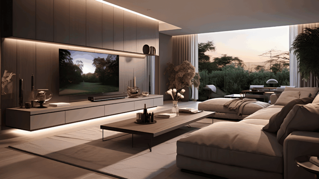 A modern living room lighting layout showing layered lighting design with ceiling lights, wall sconces, and ambient floor lighting to create a bright and comfortable space.