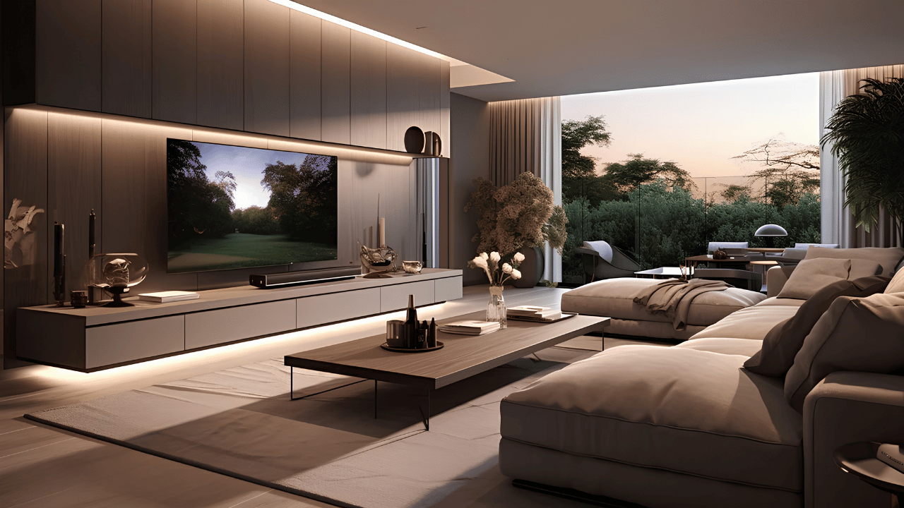 A modern living room lighting layout showing layered lighting design with ceiling lights, wall sconces, and ambient floor lighting to create a bright and comfortable space.