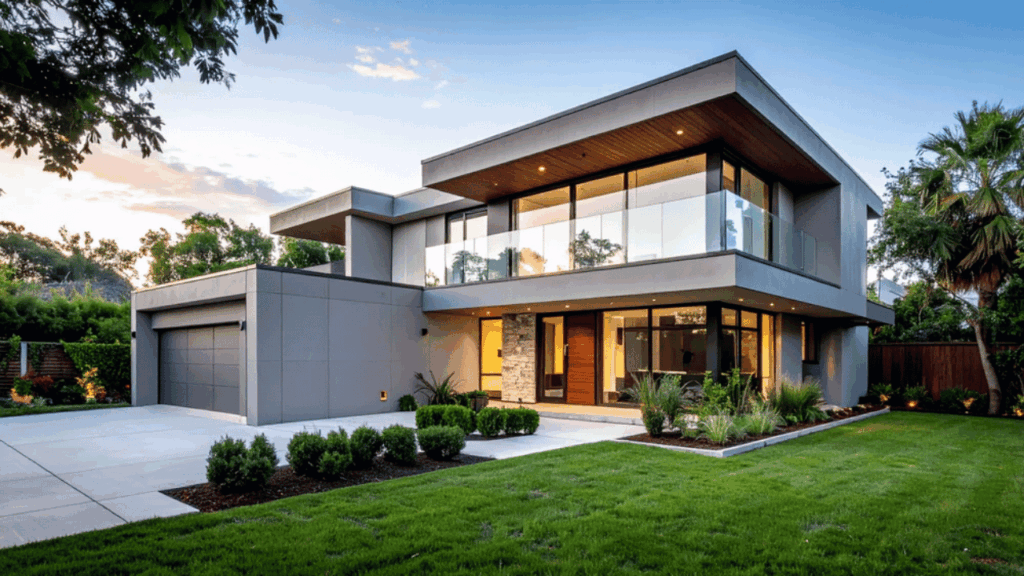 Modern living room showcasing 2026 home design trends with sleek furniture, warm lighting, minimalist décor, smart home features, and contemporary interior styling.