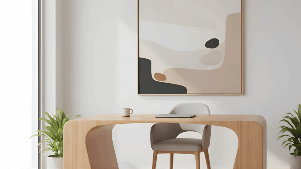 Modern office workspace featuring stylish wall art that enhances interior design, creating a professional and inspiring environment with coordinated office furniture and decor.