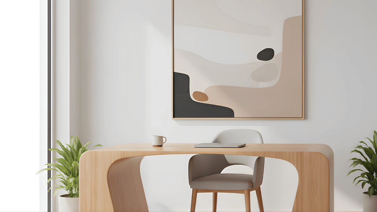 Modern office workspace featuring stylish wall art that enhances interior design, creating a professional and inspiring environment with coordinated office furniture and decor.