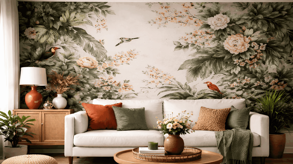 Stylish wallpaper transforming a home interior with simple decor changes that create a bold and elegant visual impact.