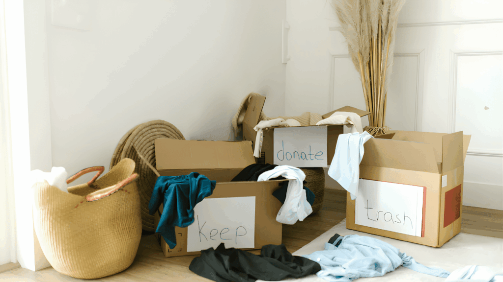 Neatly organized modern home interior with minimalist furniture and storage solutions, illustrating the process of decluttering and creating a calm, clutter-free living space.