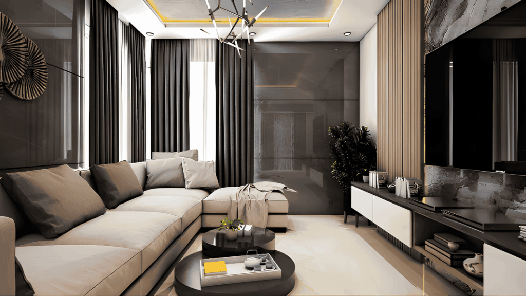 Modern luxury-inspired Dubai interior design showcasing elegant décor ideas that achieve a high-end look on a budget.