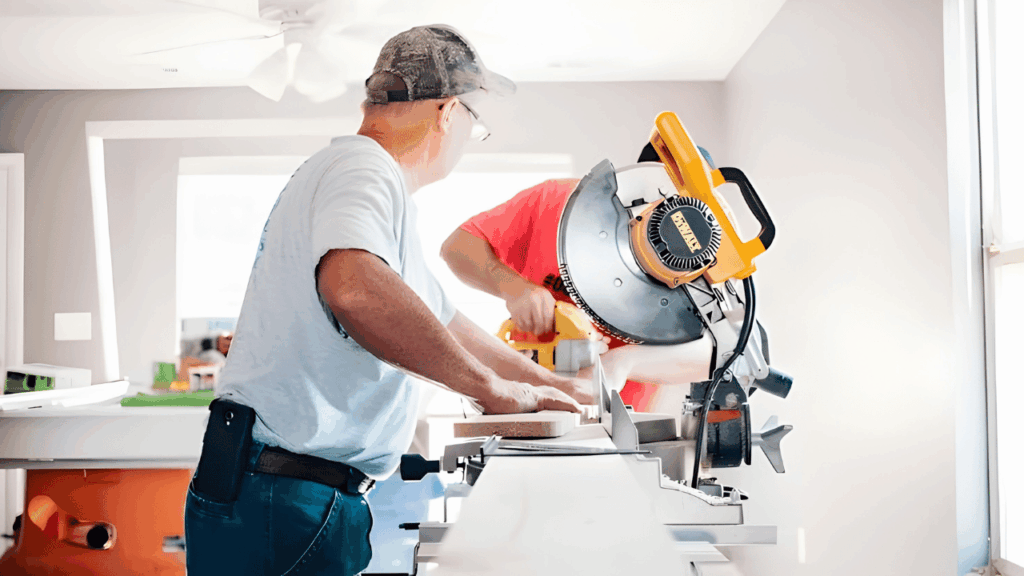 DIY home improvement scene showing tools, materials, and a partially renovated interior space representing step-by-step renovation work.