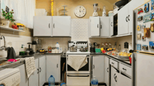 A cluttered and disorganized home interior illustrating the negative impact of messiness on daily life, emphasizing the importance of cleaning and home organization.