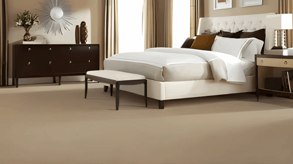 A stylish bedroom interior showcasing different types of carpets and textures, illustrating how to choose the perfect carpet for comfort, warmth, and home decor enhancement.