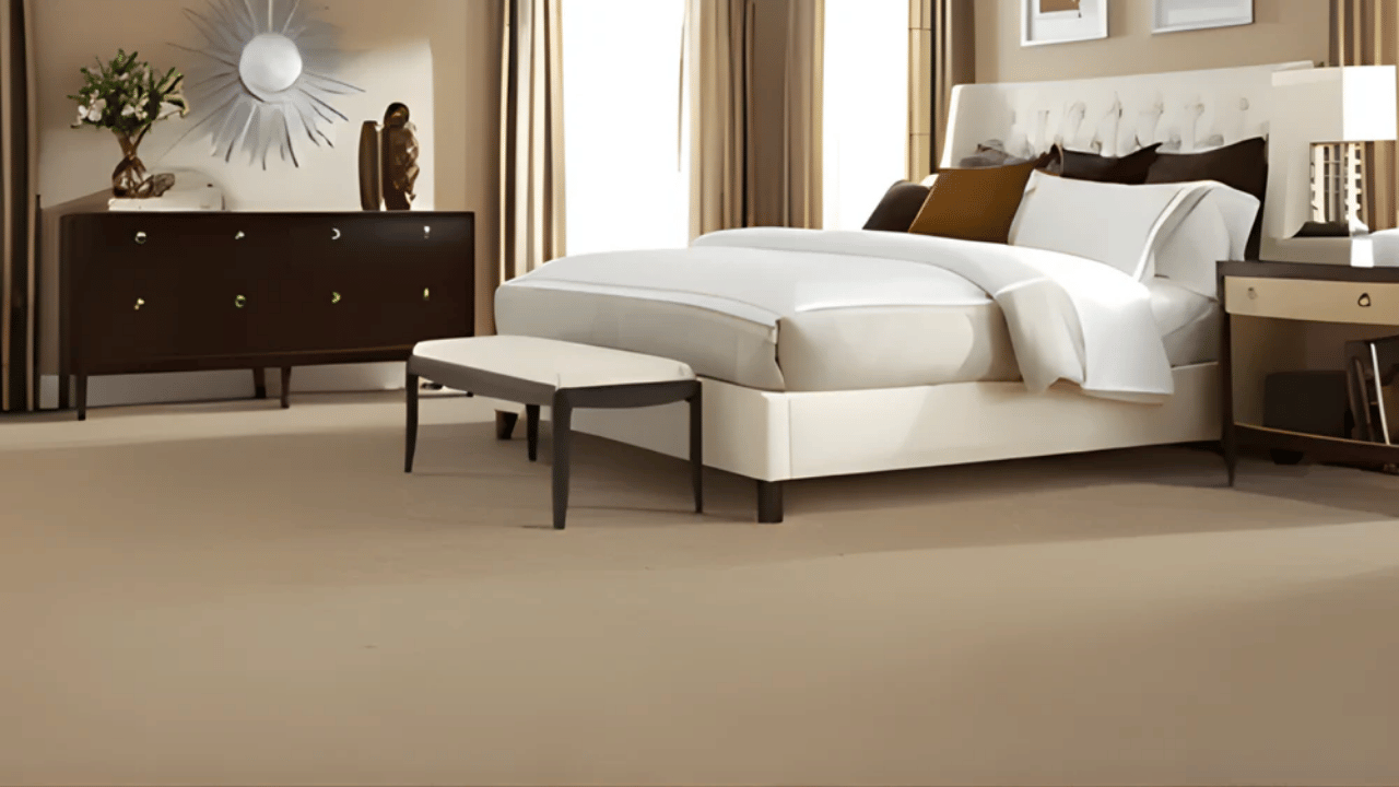 A stylish bedroom interior showcasing different types of carpets and textures, illustrating how to choose the perfect carpet for comfort, warmth, and home decor enhancement.