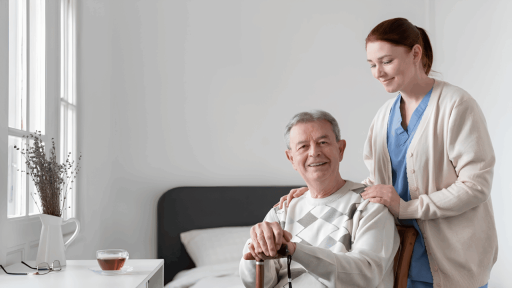 Professional nurse assisting an elderly patient in a comfortable care setting, representing nursing care services and healthcare support.
