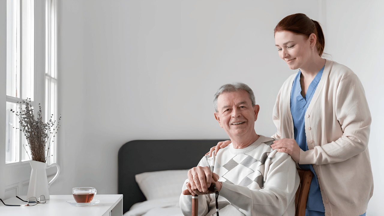 Professional nurse assisting an elderly patient in a comfortable care setting, representing nursing care services and healthcare support.