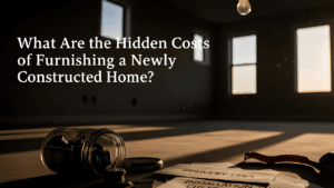 Modern newly constructed home interior showing staged furniture, décor items, and financial concept visuals representing hidden furnishing costs and budgeting considerations.