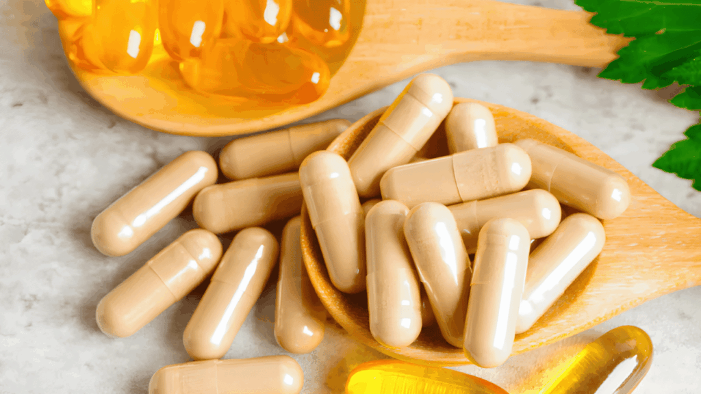 A wellness-themed visual illustrating women’s health supplements, including vitamins and capsules arranged with a clean, healthy lifestyle aesthetic.