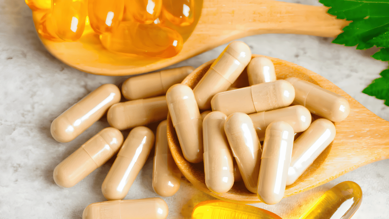 A wellness-themed visual illustrating women’s health supplements, including vitamins and capsules arranged with a clean, healthy lifestyle aesthetic.