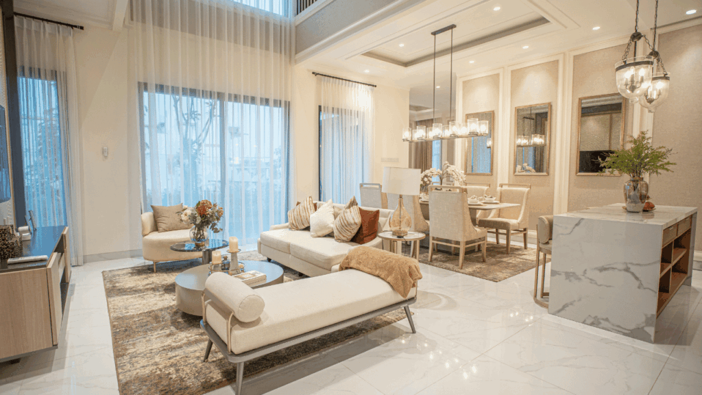 Quiet luxury dining room featuring high-end materials and elegant hospitality interior design