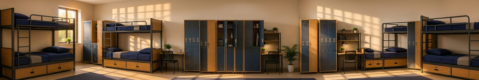 Modern hostel furniture featuring bunk beds, storage drawers, lockers, wardrobes, and study furniture in a warm and organized student accommodation environment