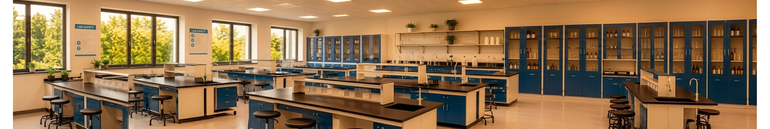 Modern laboratory furniture featuring laboratory workbenches, lab stools, storage cabinets, shelving units, and science laboratory workstations in a professional educational environment
