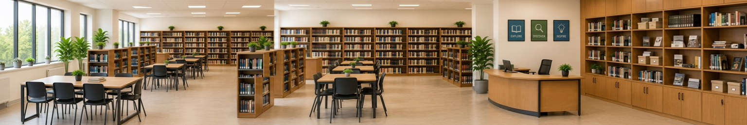 Modern library furniture featuring bookshelves, reading tables, study chairs, library workstation, and storage solutions in a bright educational environment
