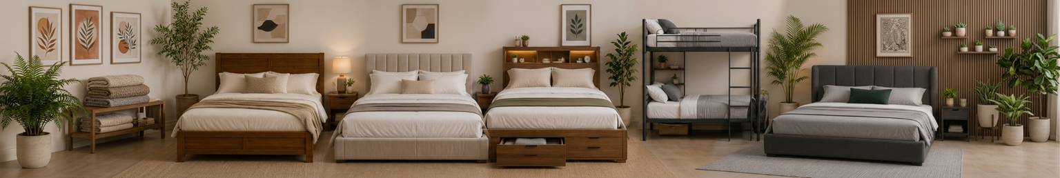 Modern bedroom furniture showroom banner featuring wooden beds upholstered beds and bunk beds in a contemporary interior setting