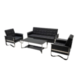 Modern executive leather office chair with chrome frame, padded armrests, and ergonomic high-back design for professional office spaces.