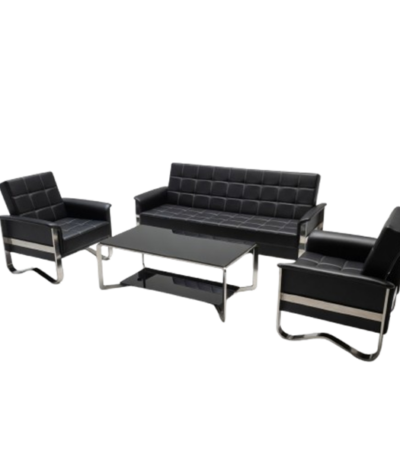 Modern executive leather office chair with chrome frame, padded armrests, and ergonomic high-back design for professional office spaces.