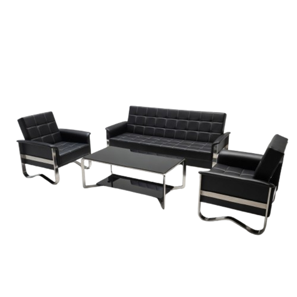 Modern executive leather office chair with chrome frame, padded armrests, and ergonomic high-back design for professional office spaces.