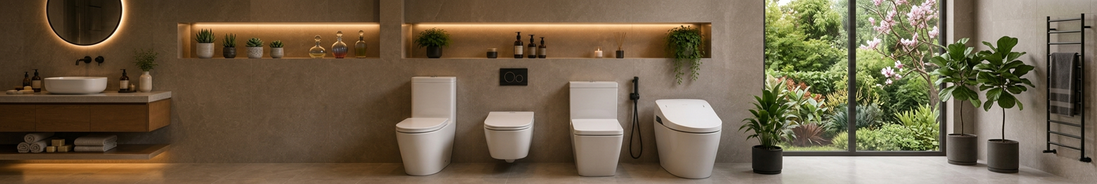 Modern bathroom showroom displaying multiple contemporary water closets and smart toilet designs in a luxury spa-inspired interior