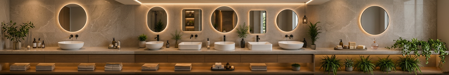 Luxury bathroom showroom displaying multiple modern washbasin designs with warm ambient lighting and minimalist vanity styling