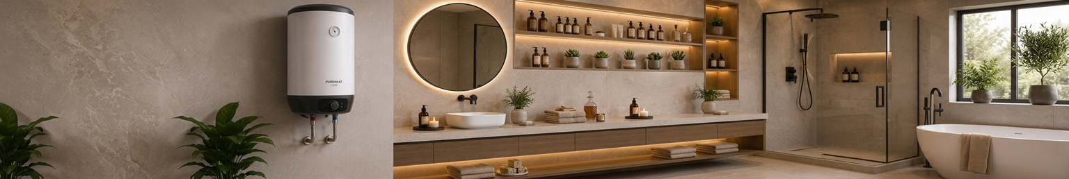Modern electric water heater installed in a luxury contemporary bathroom with warm ambient lighting and minimalist spa-inspired styling