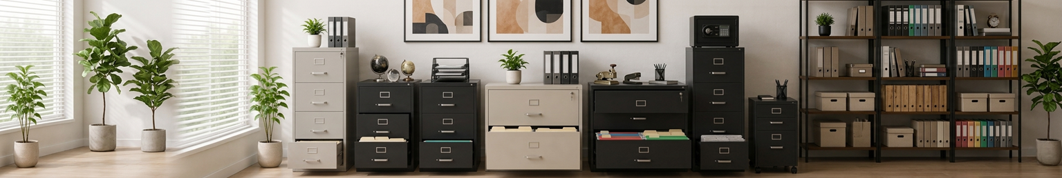 Modern filing cabinets and office storage units arranged in a minimalist workspace designed for document organization and secure storage